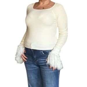 Le Lis Ivory Top with Feather Accents